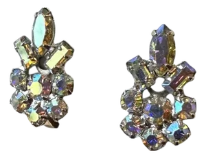 Mid 20th Century B.David Aurora Borealis Rhinestone Clip on Costume Earrings Vintage - Set of 2