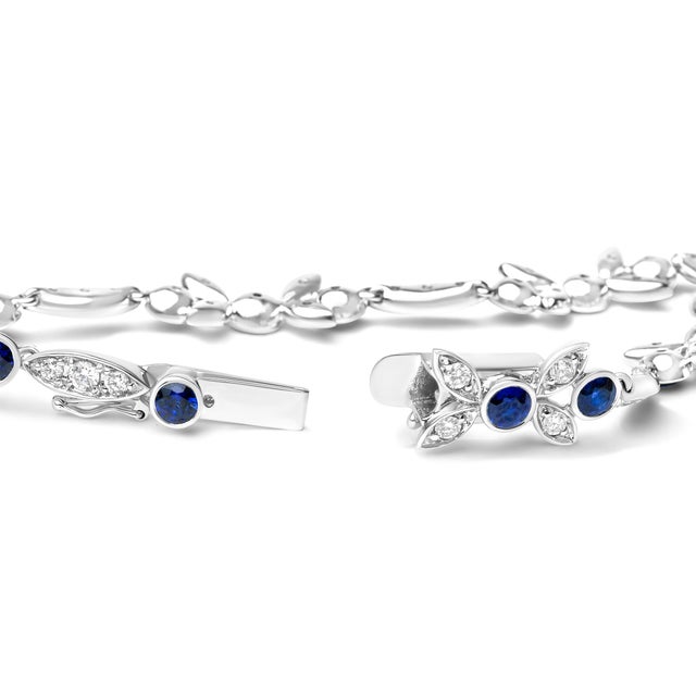 Contemporary 18K White Gold 1 3/4 Cttw Diamond and 3x3mm Round Blue Sapphire Gemstone Floral Link Bracelet (G-H Color, SI1-SI2 Clarity) - Size 7" For Sale - Image 3 of 6