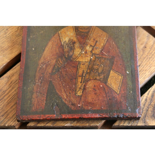 Red 18th Century Russian Orthodox St. Nicholas Icon on Wood Panel For Sale - Image 8 of 17
