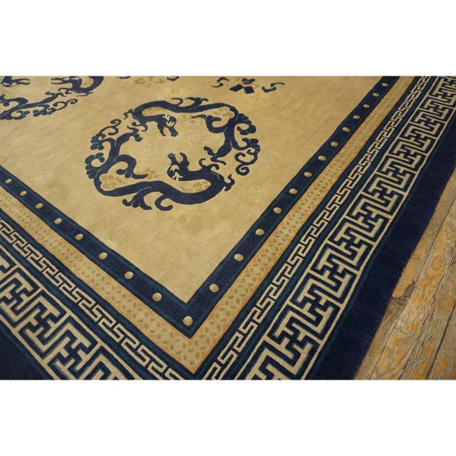 Chinese 1920s Antique Chinese Medallion Dragon Ivory Room Size Wool Peking Knotted Rug For Sale - Image 3 of 11