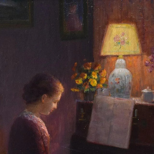 Henri-Charles Angéniol, Young Woman Playing the Piano, Oil on Canvas, 20th Century, Framed For Sale - Image 6 of 11