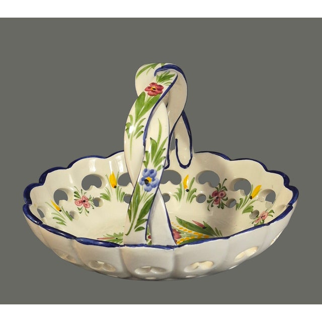Vintage Portugal Hand-Painted Floral Basket Heart Open Work Braided Handle Made for Lord & Taylor For Sale - Image 6 of 8