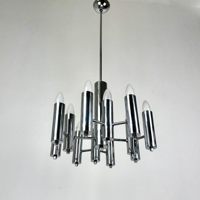 Metal Mid-Century Modern Italian Twelve Bulbs Chrome Tubes Chandelier by Gaetano Sciolari, 1970s For Sale - Image 7 of 9