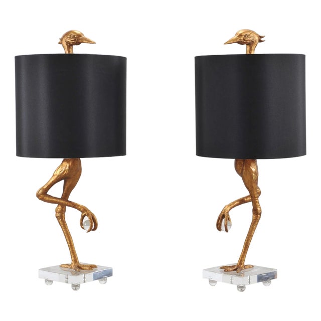 Gilt Resin and Lucite Ibis Table Lamps by Cyan Design - a Pair For Sale