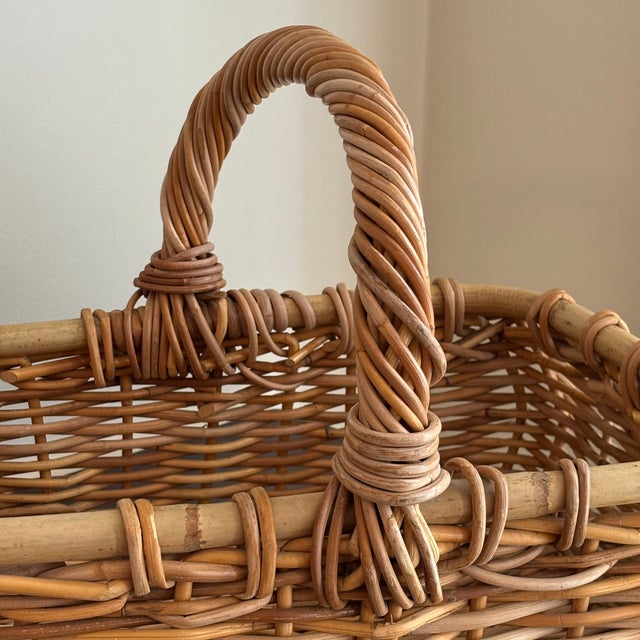 Wood Large French Country-Style Storage Basket W/ Bamboo Rim & Handle For Sale - Image 7 of 12