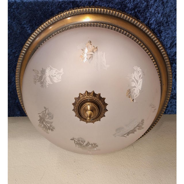 Flat Vintage Ceiling Lamp with Patinated Brass Frame and Partially Frosted Glass Shade For Sale - Image 6 of 7