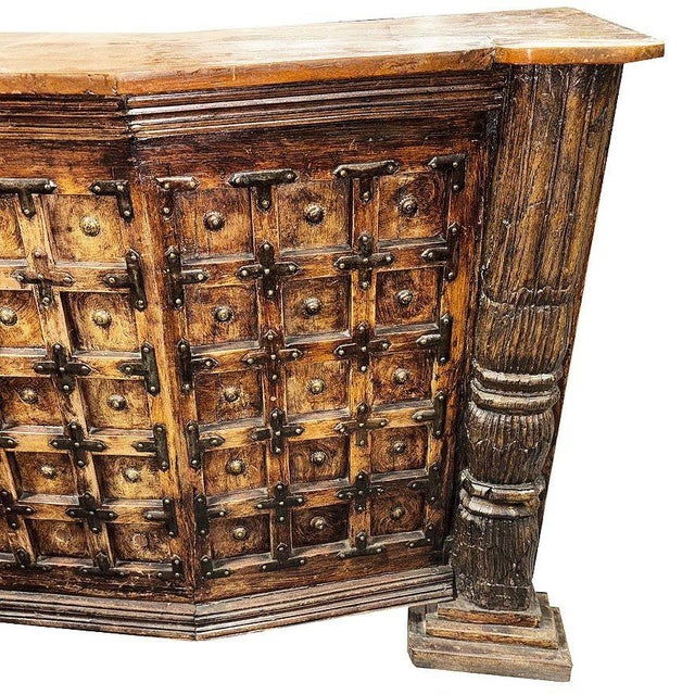 1990s Spanish Colonial Style Wood Bar W/ Iron Strapwork & Carved Columns For Sale In Los Angeles - Image 6 of 12