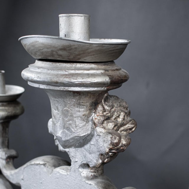 Large 19th Century Italian Rococo Style Silver‑Leaf Carved Wood Altar Candelabra For Sale - Image 17 of 18