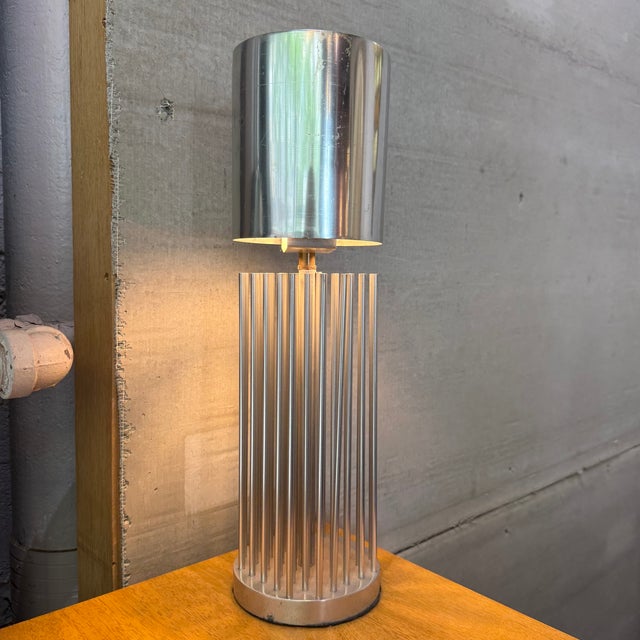 Mid 20th Century Mid 20th Century Small Modernist Aluminum Cylinder Reed Table Lamp For Sale - Image 5 of 8