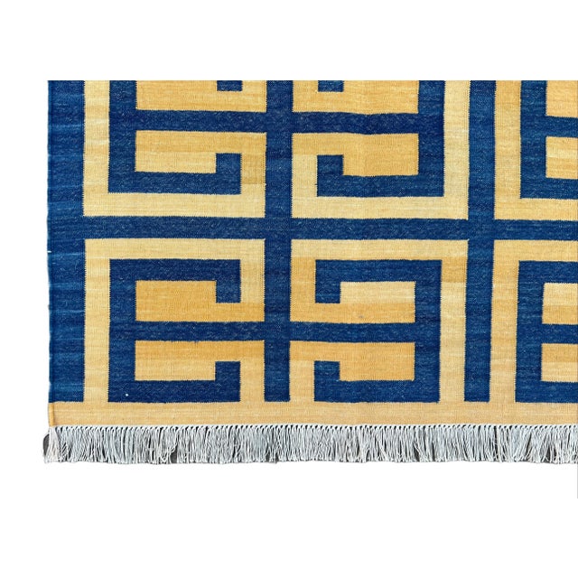 Not Yet Made - Made To Order Handmade Cotton Natural Vegetable Dyed Royal Blue and Yellow Geometric Pattern Rug - 10'x14' For Sale - Image 10 of 11
