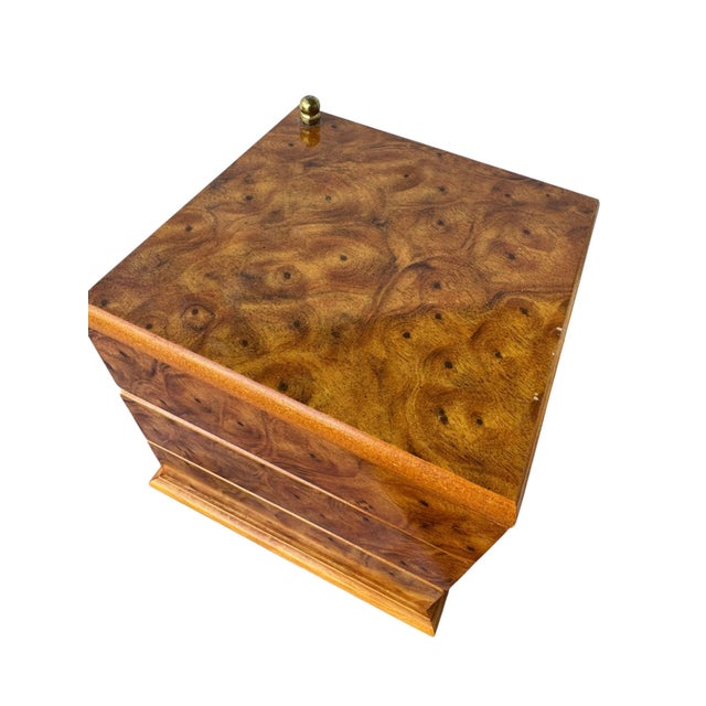 Mid-Century Modern Vintage Mele 3‑Tier Swiveling Jewelry Box • Minimalist Mid Century Modern Organizer • Faux Burled Wood Vanity Storage For Sale - Image 3 of 8