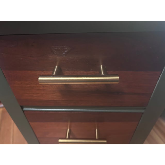 1960s Pair of Refinished Vintage Pieces — Reimagined as Nightstands | Walnut & Deep Green With Brass Hairpin Legs For Sale - Image 5 of 8