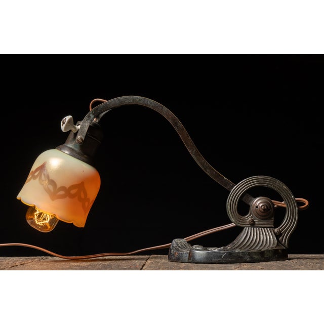 Early 20th Century Early 20th Century Art Nouveau Cast Iron Desk Lamp With Frosted Opalescent Stenciled Shade For Sale - Image 5 of 12