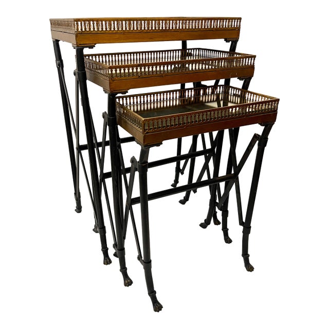 Set of Three Campaign Style Mirrored Top Gallery Nesting Table, France For Sale