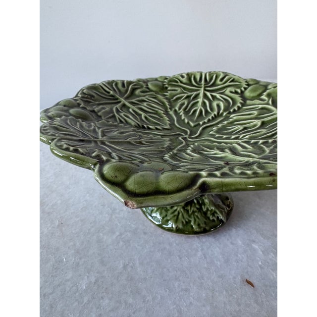 Art Nouveau Early 20th Century Green Majolica Footed Pedestal Plate Featuring a Cabbage Leaf Pattern For Sale - Image 3 of 5