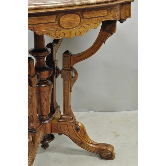 Antique Eastlake Victorian Carved Walnut Marble Top Parlor Lamp Side Table For Sale - Image 11 of 14