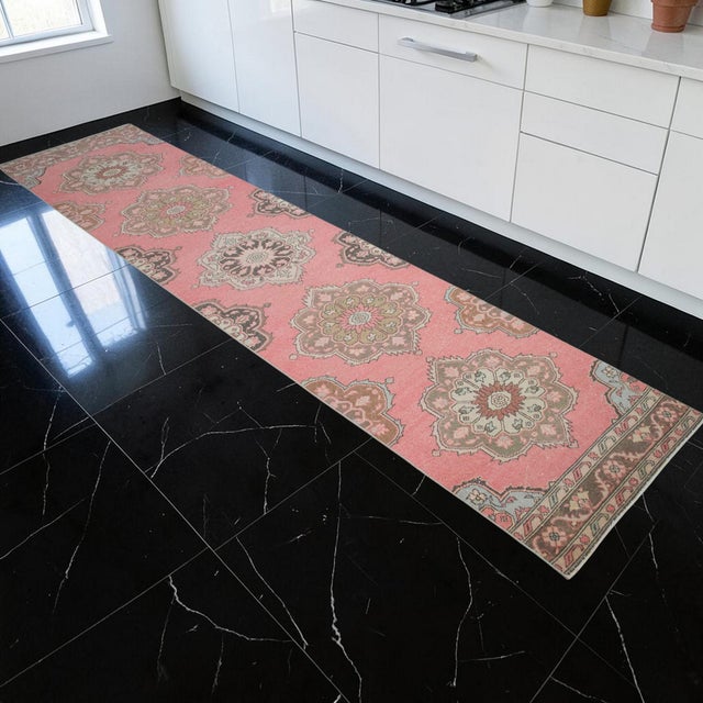 Mid-Century Modern 1970s Distressed Oushak Runner Rug Low Pile Faded Colors Pink Hallway Decor - 2'8″ X 12'7″ For Sale - Image 3 of 13