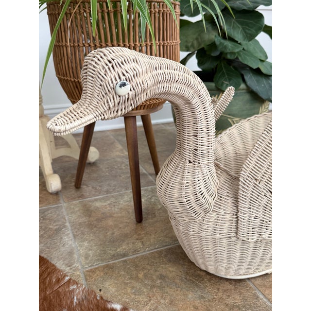 Rustic Mid 20th Century Woven Wicker Rattan Goose or Swan Basket For Sale - Image 3 of 11