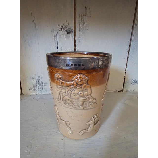 Brown Antique English Stoneware Beaker With Sterling Rim For Sale - Image 8 of 8