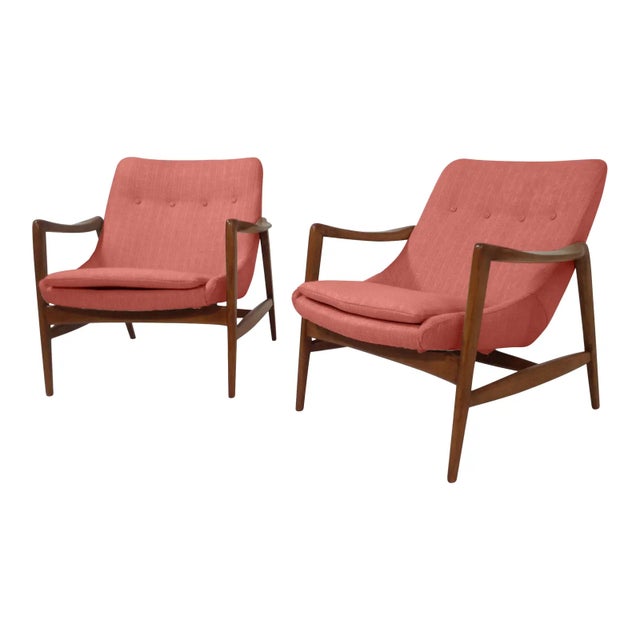 Mid-Century Modern Modern Mid-Century Style Lounge Chairs Walnut Frames For Sale - Image 3 of 6