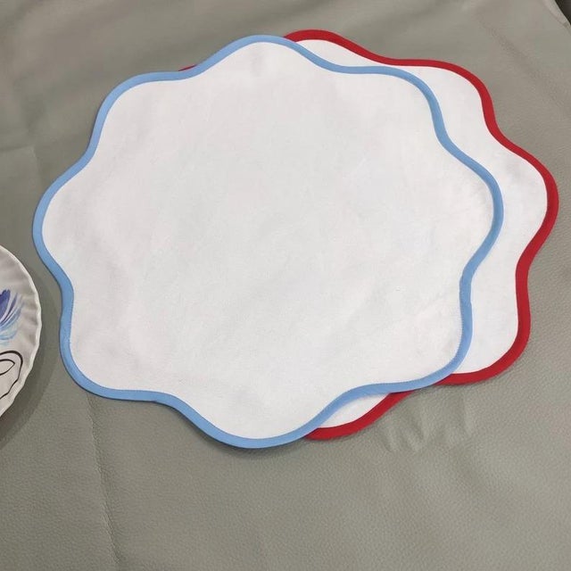 Modern Handmade Round Scalloped Placemats, White with Light Blue Piping - Set of 4 For Sale - Image 3 of 4