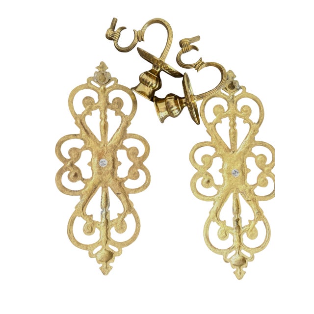 Vintage Solid Brass Baroque Wall Sconces Pair -W/ Detachable Holders Heavyweight Made in India For Sale - Image 4 of 12