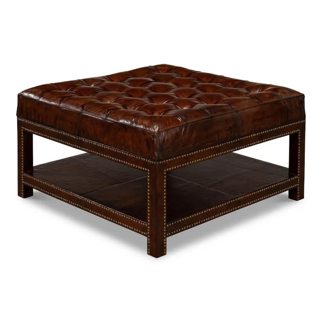 Brown Tufted Leather Ottoman For Sale - Image 8 of 11
