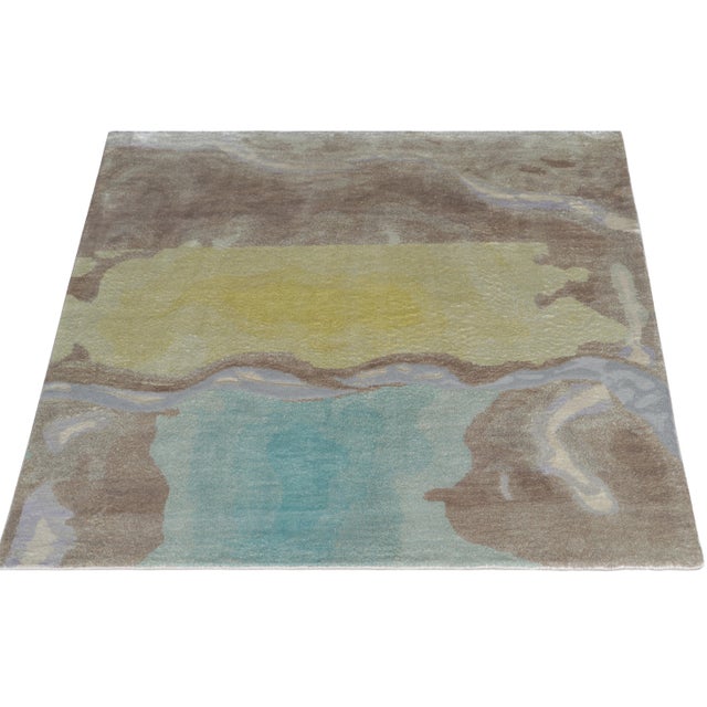 Contemporary Rug & Kilim’s Abstract Square Rug in Beige, Blue & Yellow Wavy Patterns For Sale - Image 3 of 6
