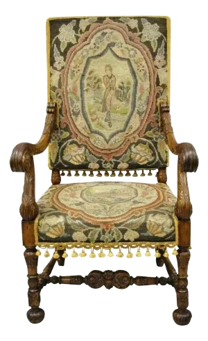19th Century Italian Renaissance Carved Walnut Figural Needlepoint Throne Armchair