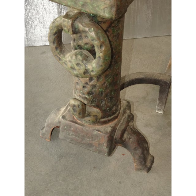 Vintage Spanish Revival Hammered Iron Three Piece Andirons Fireplace Accessorie For Sale - Image 12 of 15
