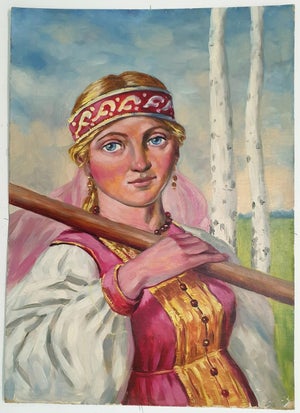 1970s Oil Portrait Painting: Ukrainian Artist, Young Girl 69-50