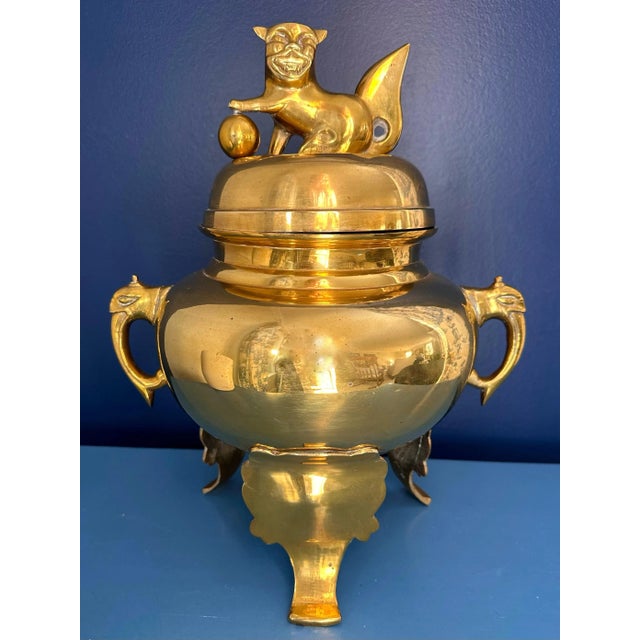 Lidded nice sized brass vintage censer or urn. Silver-toned interior. Highly detailed handles depicting an ancient type...
