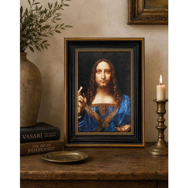 A richly presented reproduction of Salvator Mundi, the iconic Renaissance composition associated with Leonardo da Vinci,...