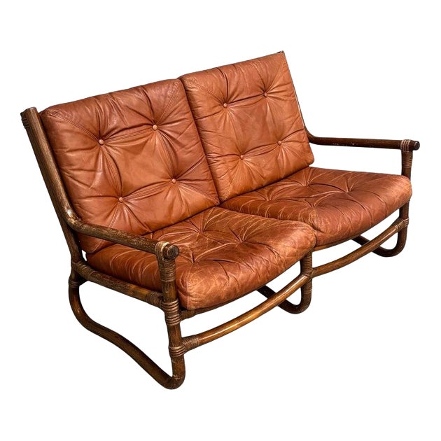 Vintage Bamboo and Leather Sofa, 1970s For Sale