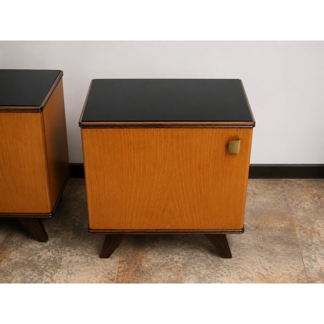 Mid-Century Modern Vintage Bedside Tables in Wood with Black Glass Tops, 1950s, Set of 2 For Sale - Image 3 of 10