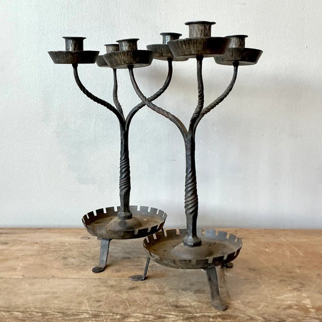 Metal Vintage Boho Twisted Wrought Iron Candelabras - A Pair For Sale - Image 7 of 7