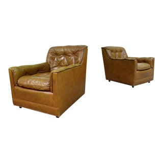 1970's Drexel Heritage Brown Tufted Leather Club Lounge Chairs ~ a Pair For Sale