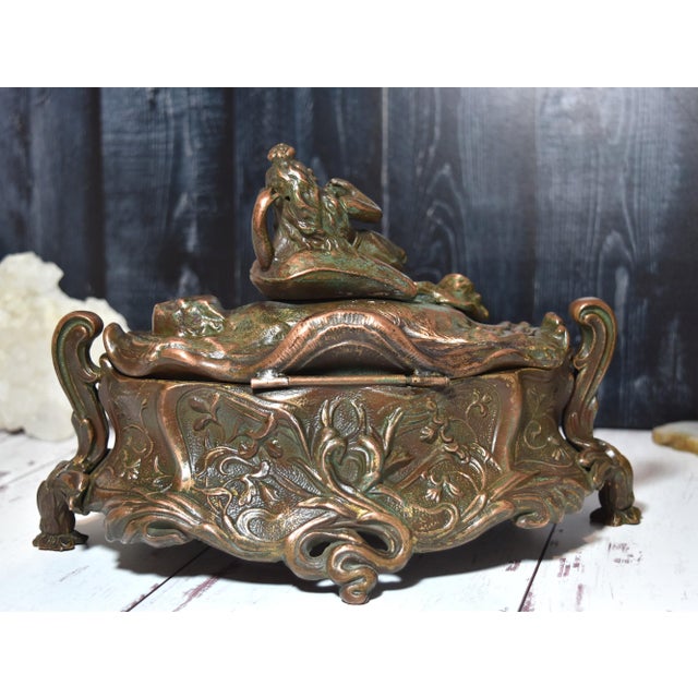 Antique Art Nouveau Metal Dresser Box Casket Lady on Bear Skin Rug For Sale In Philadelphia - Image 6 of 18