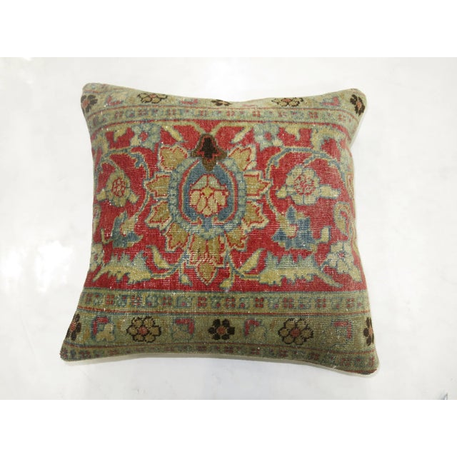 Pillow made from a 19th-century antique tabriz rug with cotton back. Zipper closure and foam insert provided. 17'' x 18''.