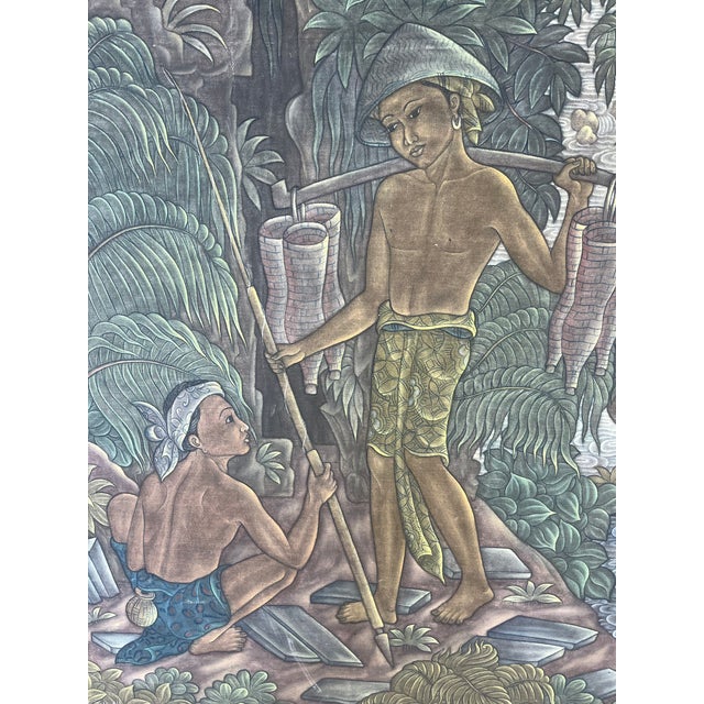1950s Large Traditional Balinese Framed Silk Signed Ubud Painting For Sale - Image 9 of 11