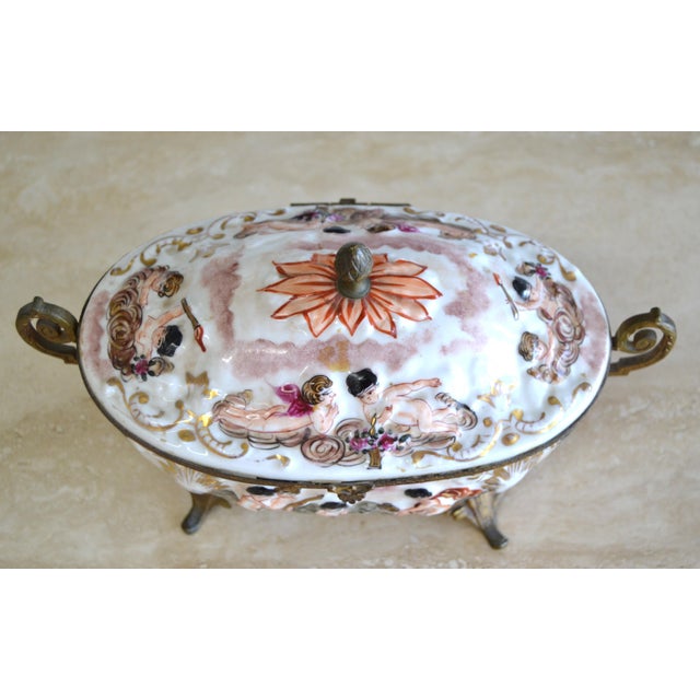 1950s French Hand Painted Lidded Bowl Ornate Angel Porcelain For Sale - Image 9 of 12