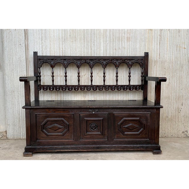 Mid 19th Century 19th Spanish Carved Hall Bench With Storage For Sale - Image 5 of 13