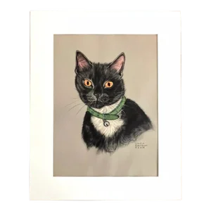 Vintage Midcentury Gladys Emerson Cook Black and White Cat Print in 16x20 Mat
