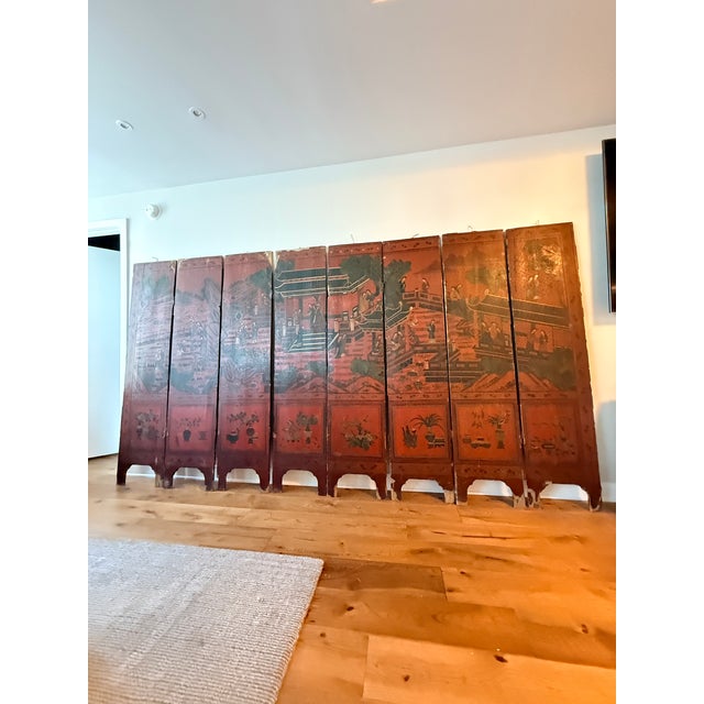 19th Century 8 Panel Antique Wooden Chinese Screen For Sale - Image 5 of 18