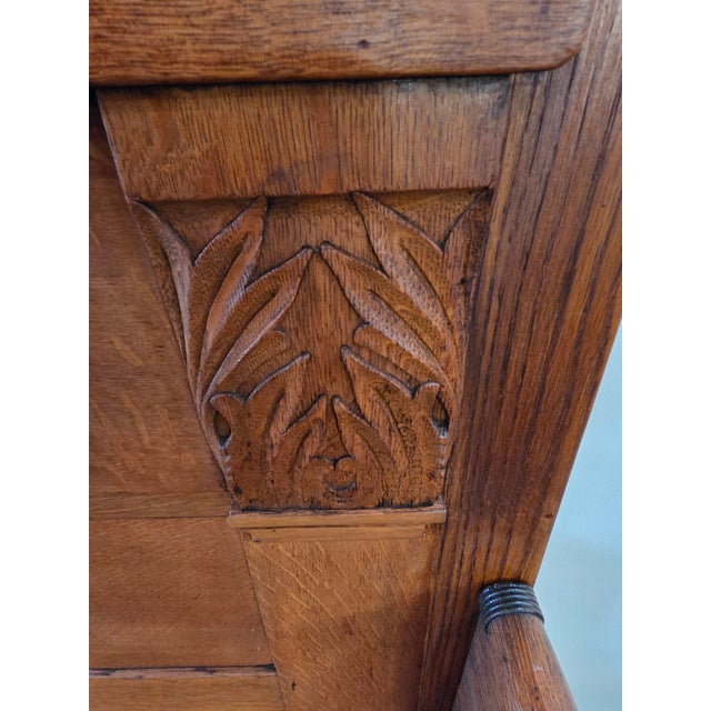 Antique 1880s Victorian Arts & Crafts Queen Golden Oak Hand Carved Original Art Nouveau Metalwork For Sale - Image 9 of 17