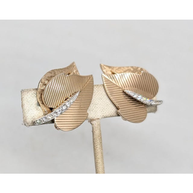 Vintage Signed Boucher Goldtone Leaves With Clear Rhinestones Clip Earrings-2 Pieces For Sale - Image 9 of 12
