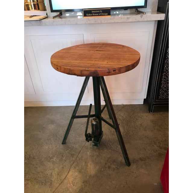 Vintage Industrial Wood and Steel Hydraulic Round Table For Sale - Image 9 of 9