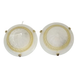 Flat Vintage Ceiling Lamps with Matte White Marbled Relief Glass Shades, 2000s, Set of 2 For Sale