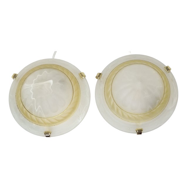 Flat Vintage Ceiling Lamps with Matte White Marbled Relief Glass Shades, 2000s, Set of 2 For Sale