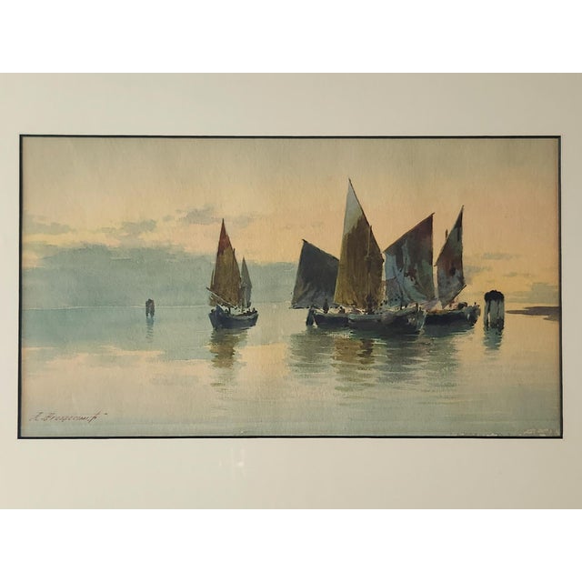 Original 19th century watercolor painting of a seascape with sailboats by Italian artist Alberto Prosdocimi (1852-1925)....